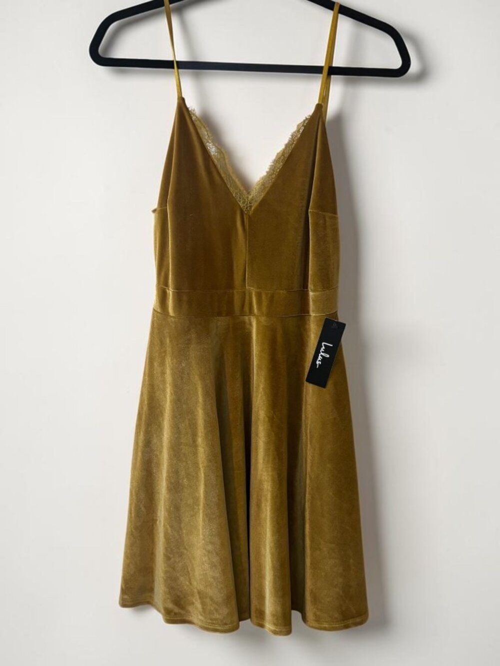 Lulus Velvet Lace Trim Fit & Flare Dress Mustard Gold Medium NWT